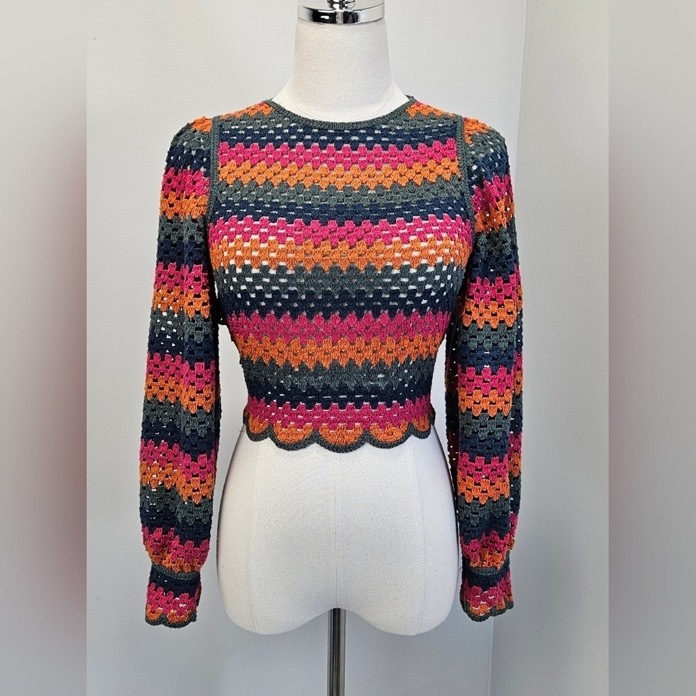 Zara Crochet Open Back Crop Top Multi Color Striped Boho Long Sleeve Sweater